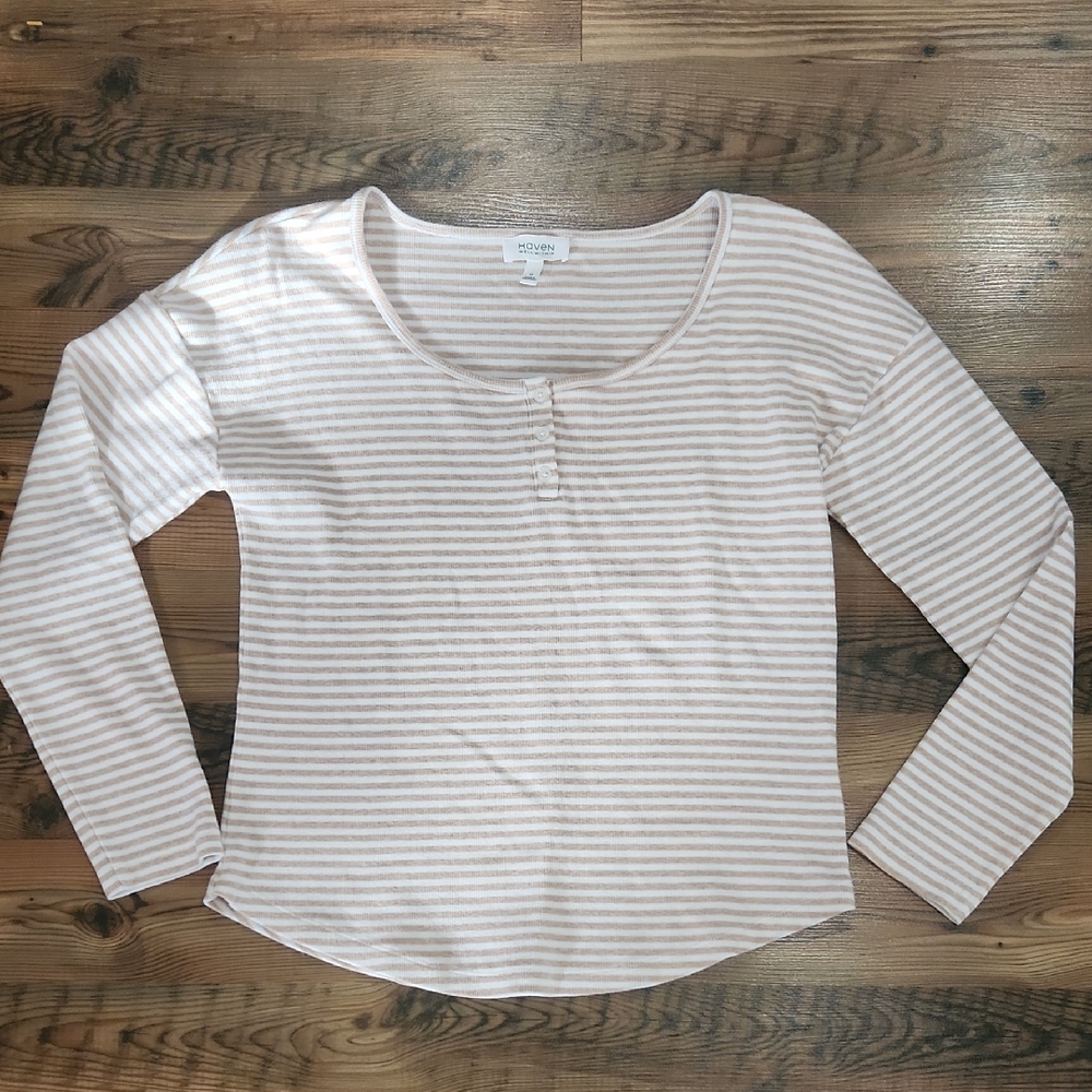 Haven Well Within Striped Beige Normcore Ribbed Henley‎ Eco Earthcore  Size M